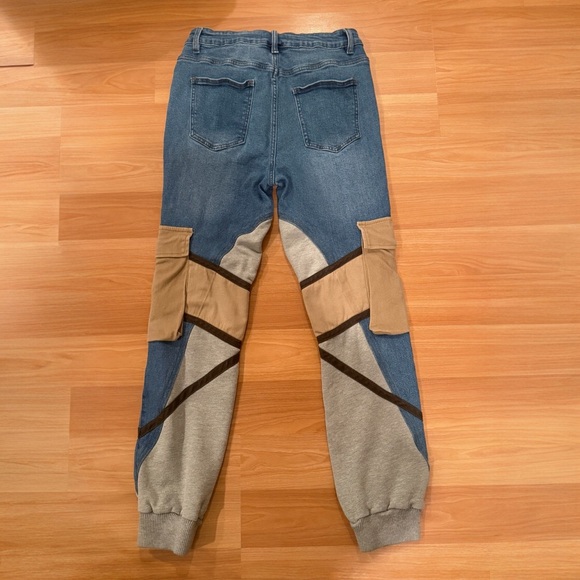AKIRA Blue and Tan Patchwork Hybrid Jeans Cargo Pockets Jogger Cuff Hem Large - Picture 2 of 14